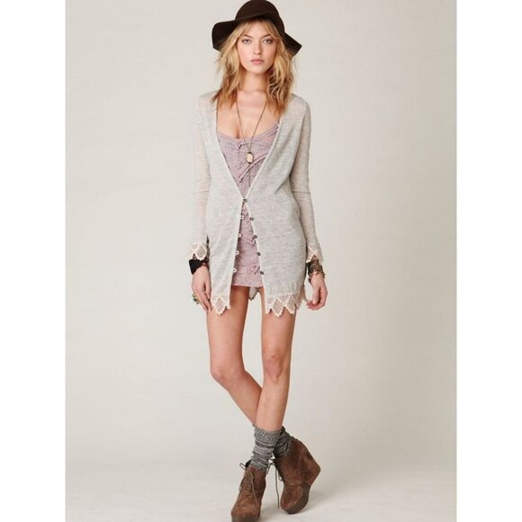 Free People Sweaters - Vintage Free People Crochet Lace Trim Button-Down Slub Knit Linen Blend Cardigan